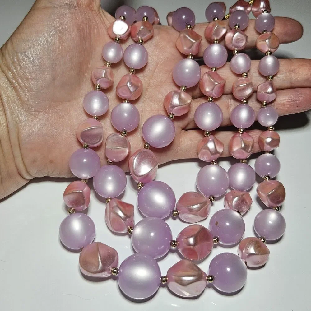 Coro Light Purple Pink Moonglow Lucite 3 Strand Beaded Necklace 16-19" - Picture 2 of 14